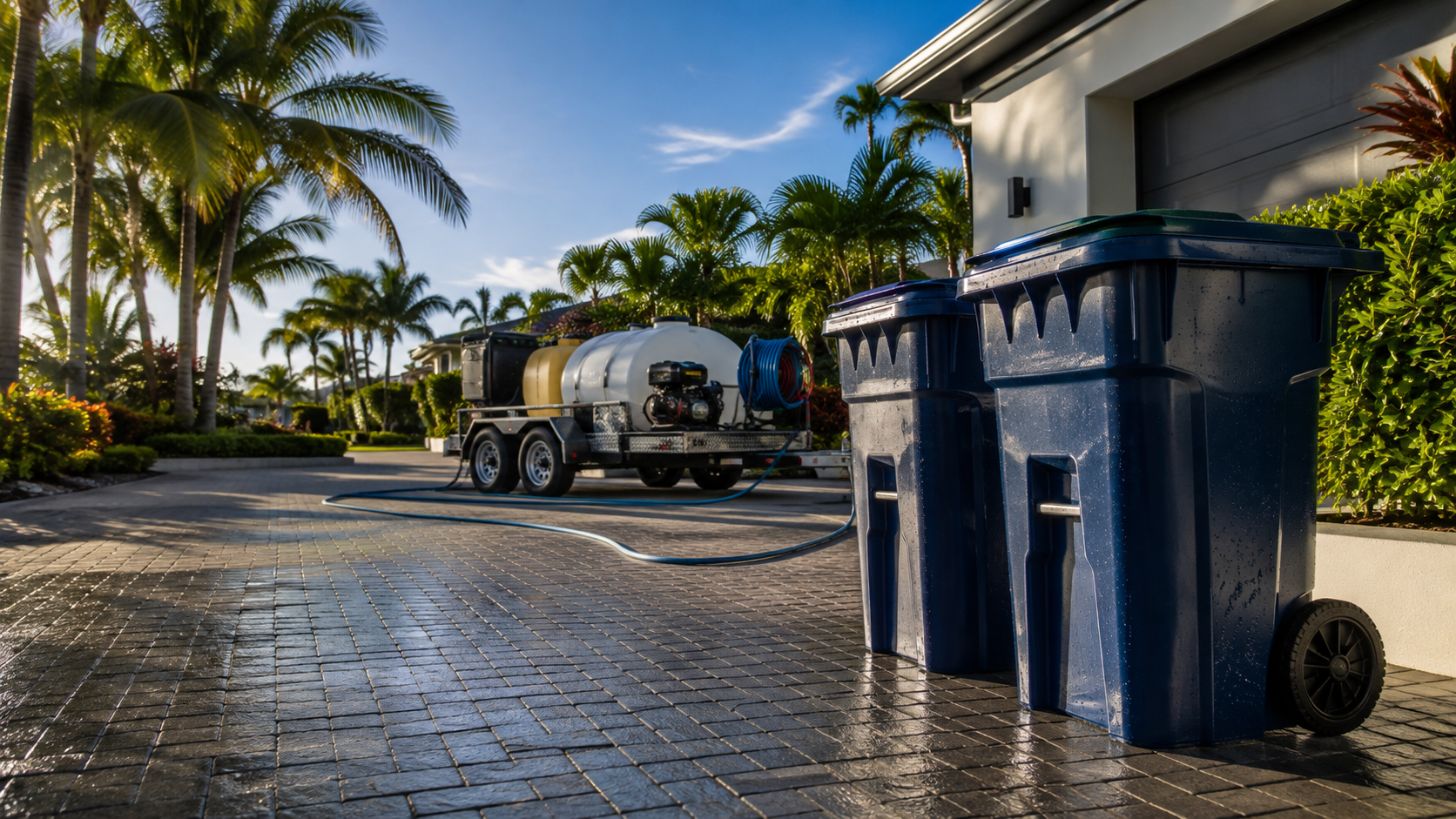Freshly cleaned trash bins beside mobile washing equipment in a Florida neighborhood